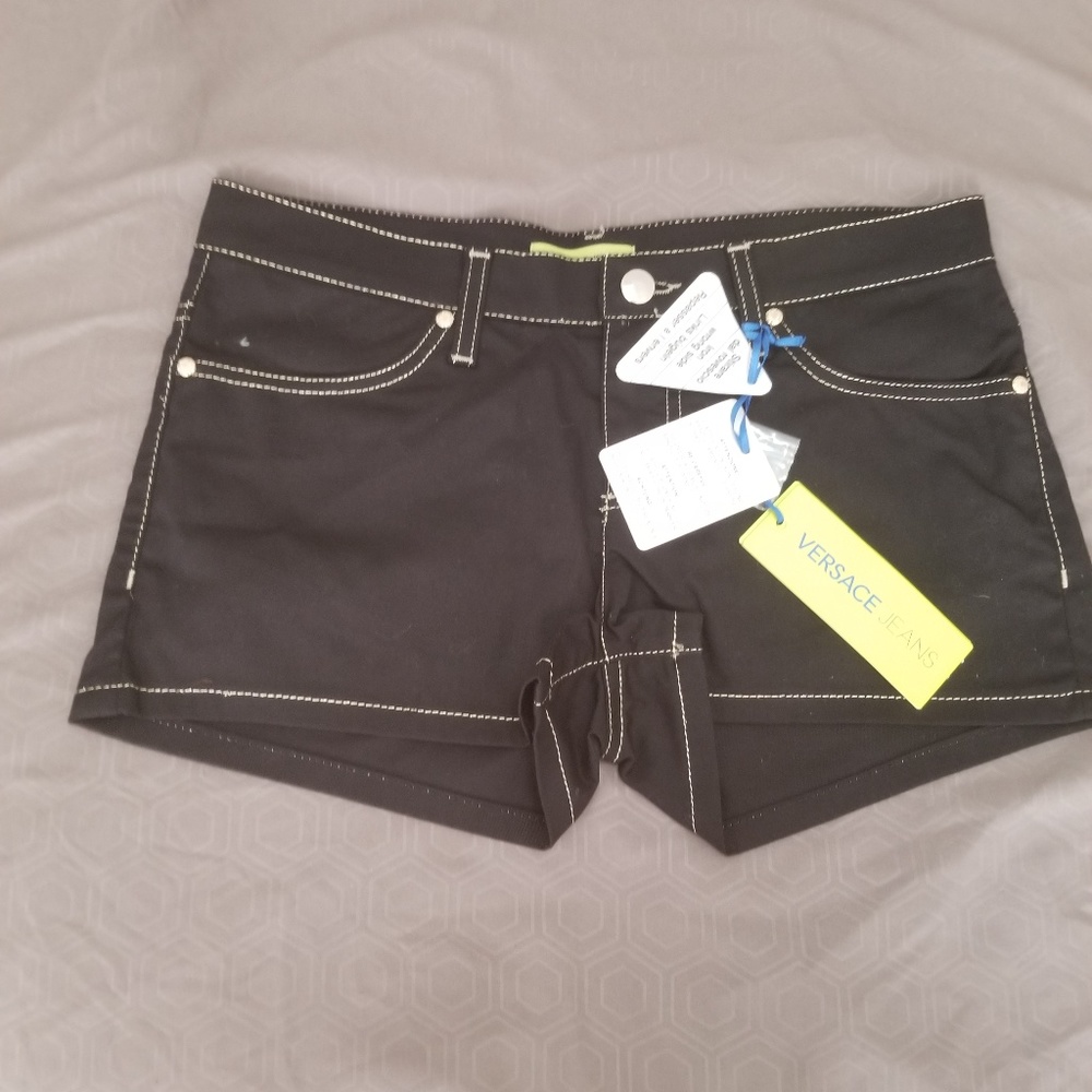 VERSACE Black Embellished Jeans Shorts